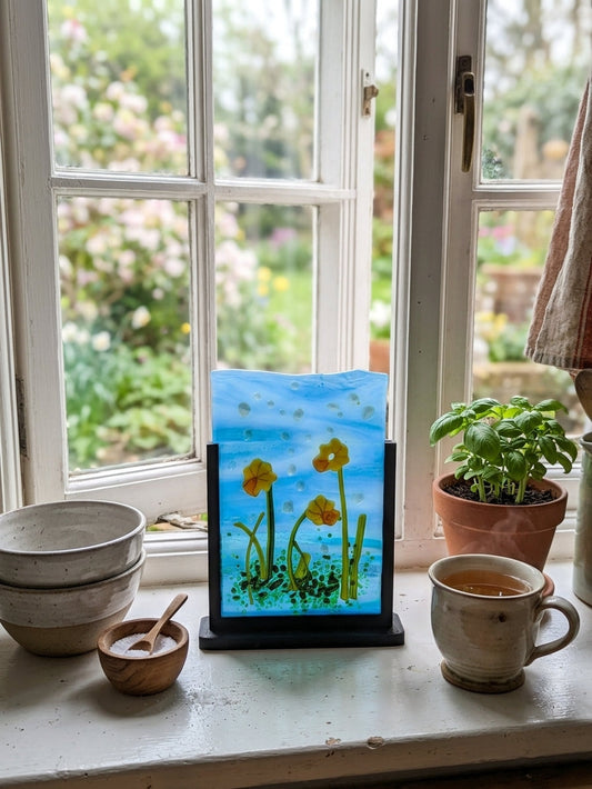 Freestanding StemMount fused glass display stand with 3mm fused glass artwork